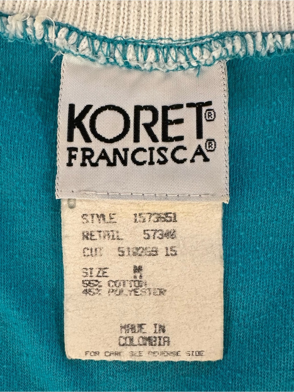 Vintage 80s 90s Koret Francisca Teal & White Jersey Short Sleeve Sweatshirt Top - Picture 3 of 7